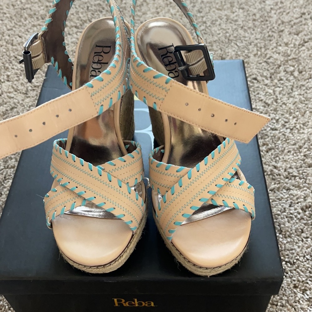 Reba tan and blue wedges
